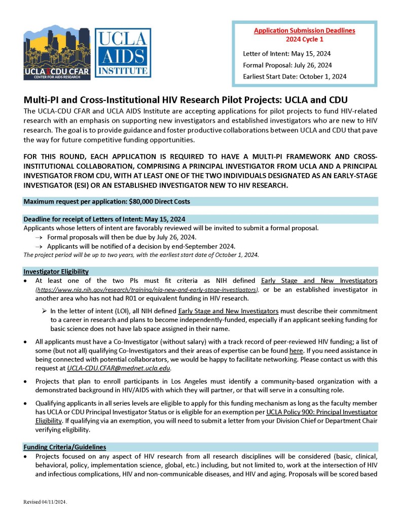 2024 Multi-PI and Cross-Institutional HIV Research Pilot Projects: UCLA and CDU