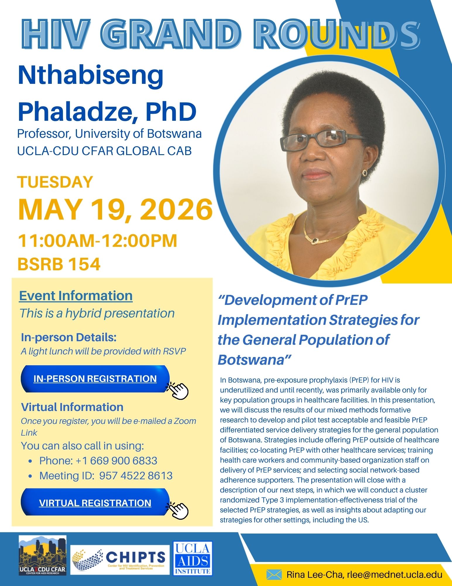 HIV Grand Rounds flyer for Dr. Nthabiseng Phaladze, from University of Botswana for her talk on May 19, 2026.